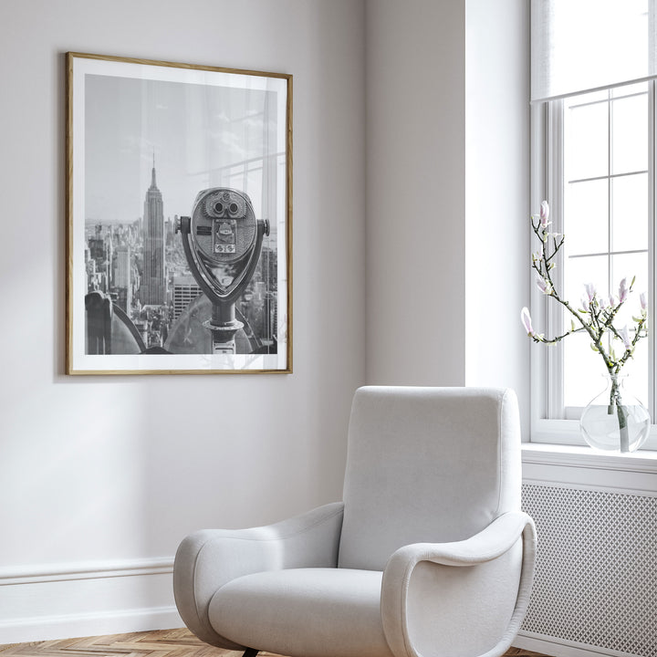 Binoculars and Empire State Building, New York City – B&amp;W framed wall art in a home interior