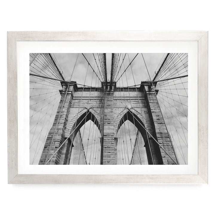 Brooklyn Bridge Tower, New York City – B&amp;W print in a silver frame with white mat