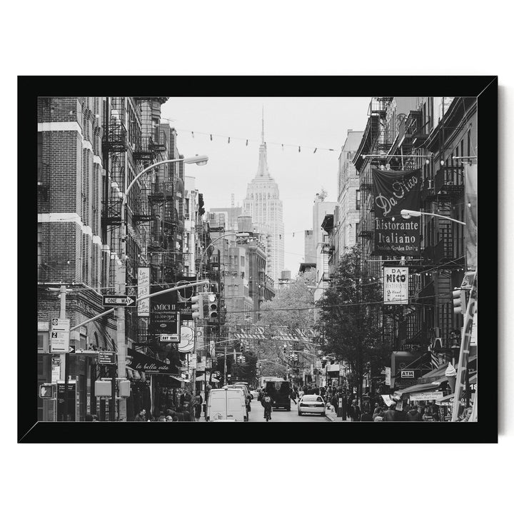 Little Italy and Empire State Building, New York City – B&amp;W print in a black frame without mat