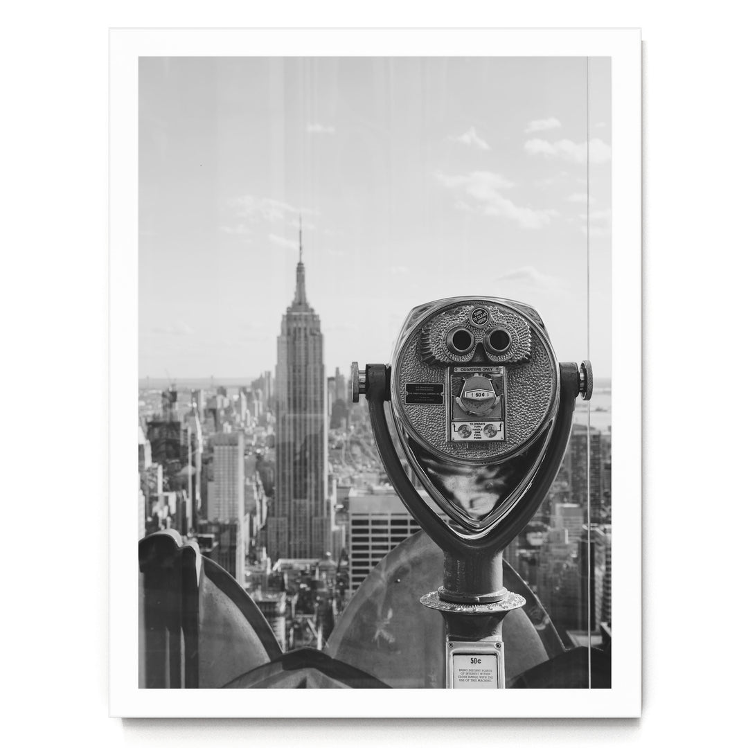 Binoculars and Empire State Building, New York City – B&amp;W print in a white frame without mat