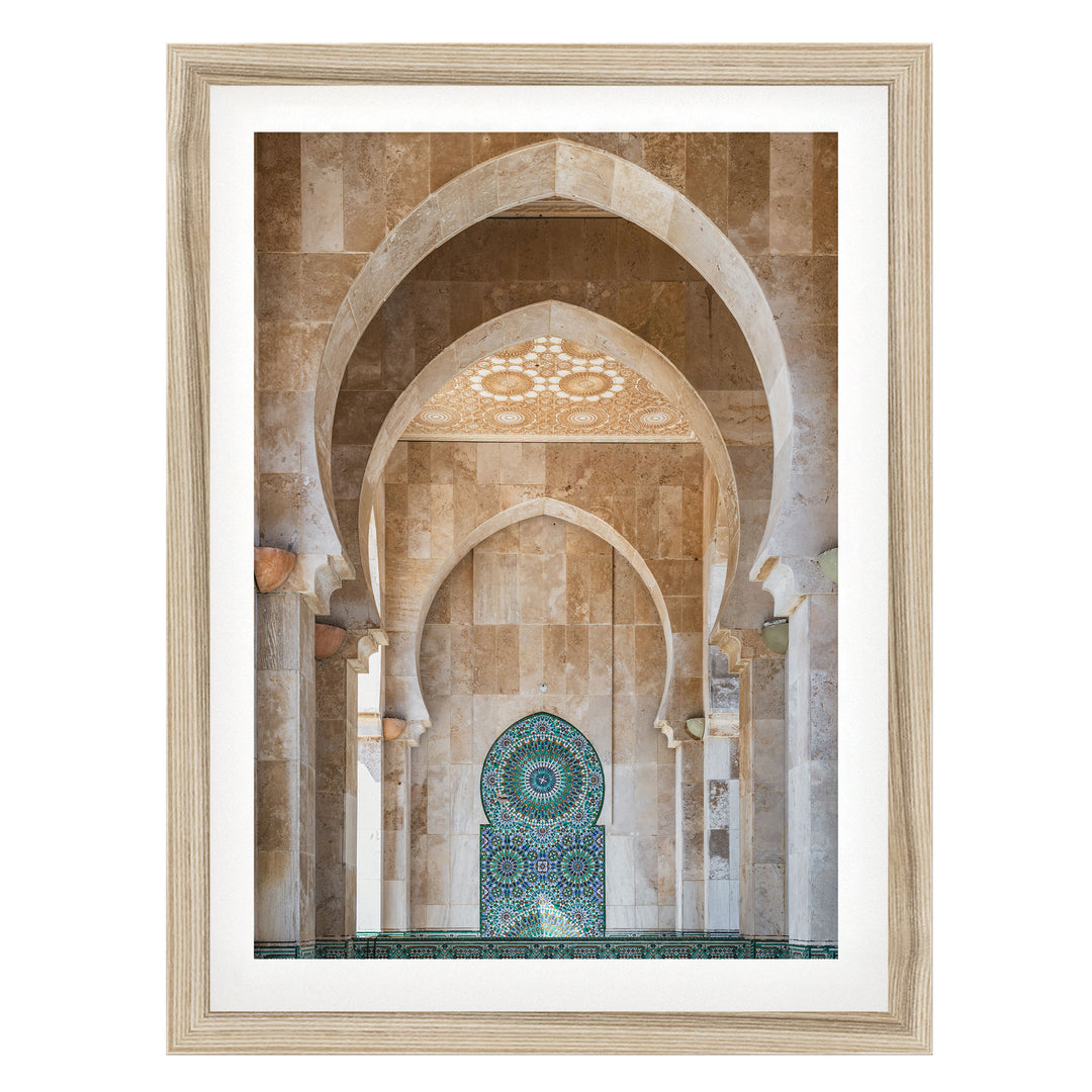 Mosaic Archway, Hassan II Mosque, Casablanca fine art print in a natural wood frame with white mat