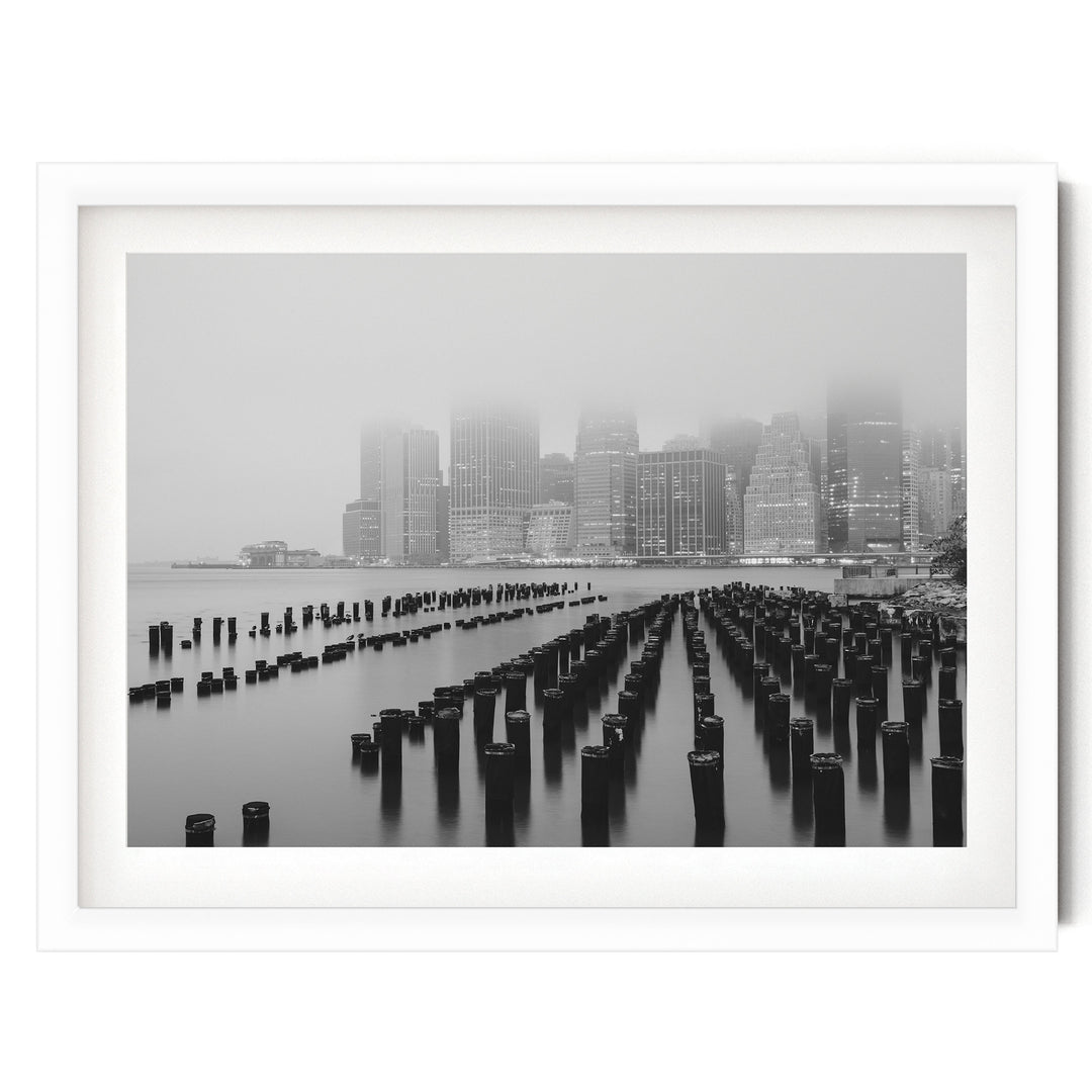 Foggy Manhattan Skyline, New York City – B&amp;W print in a white frame with white mat