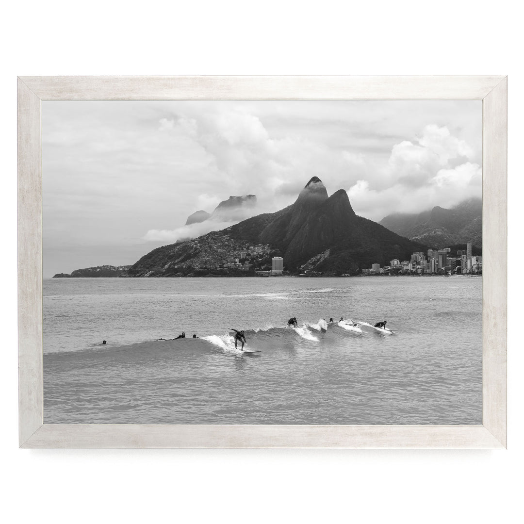 Surfers at Ipanema, Rio de Janeiro, Brazil – B&amp;W print in a silver frame without mat