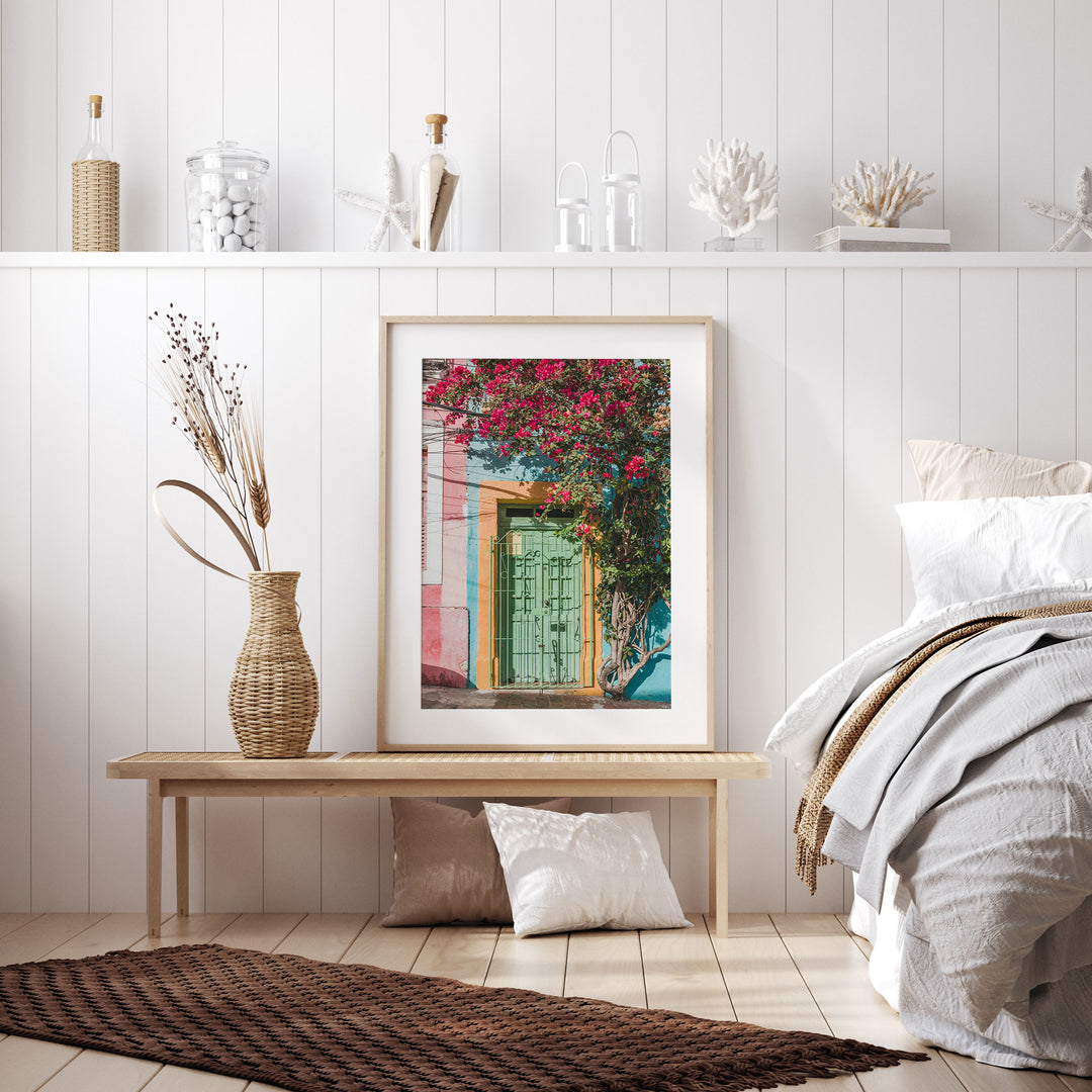 Bougainvillea and Green Door I, Olinda, Brazil framed wall art in a home interior
