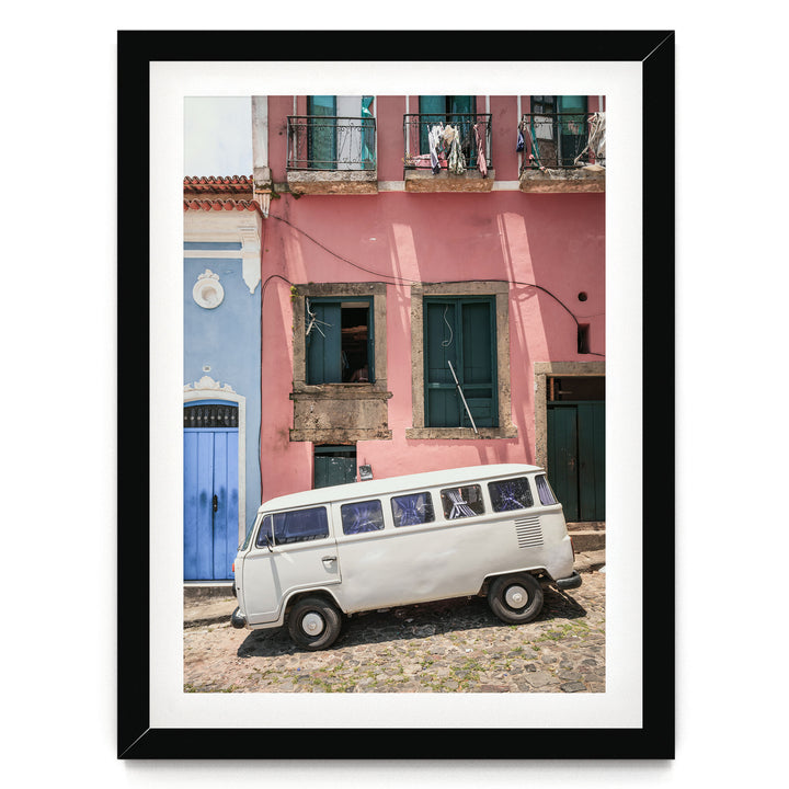 White Kombi Van, Pelourinho, Salvador, Brazil print in a black frame with white mat
