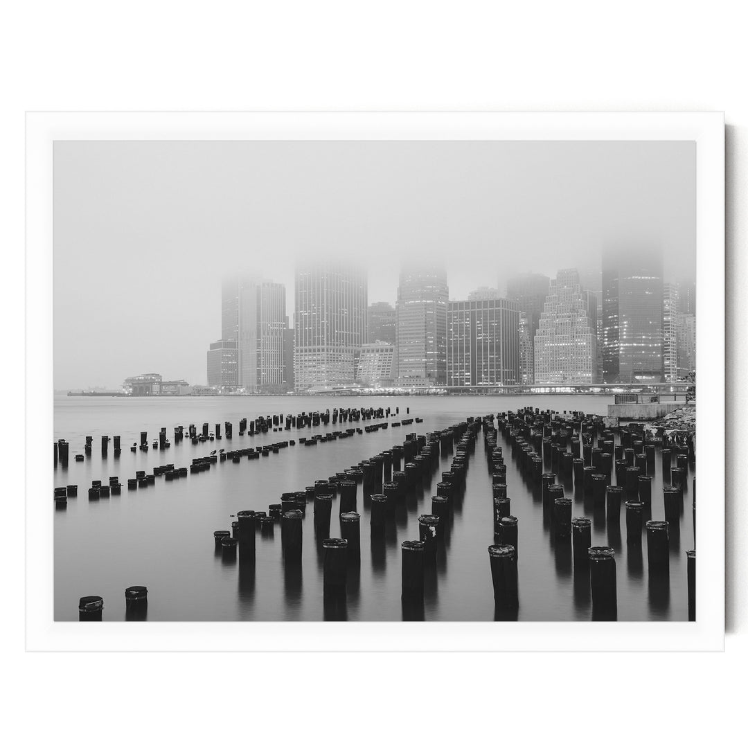 Foggy Manhattan Skyline, New York City – B&amp;W print in a white frame without mat