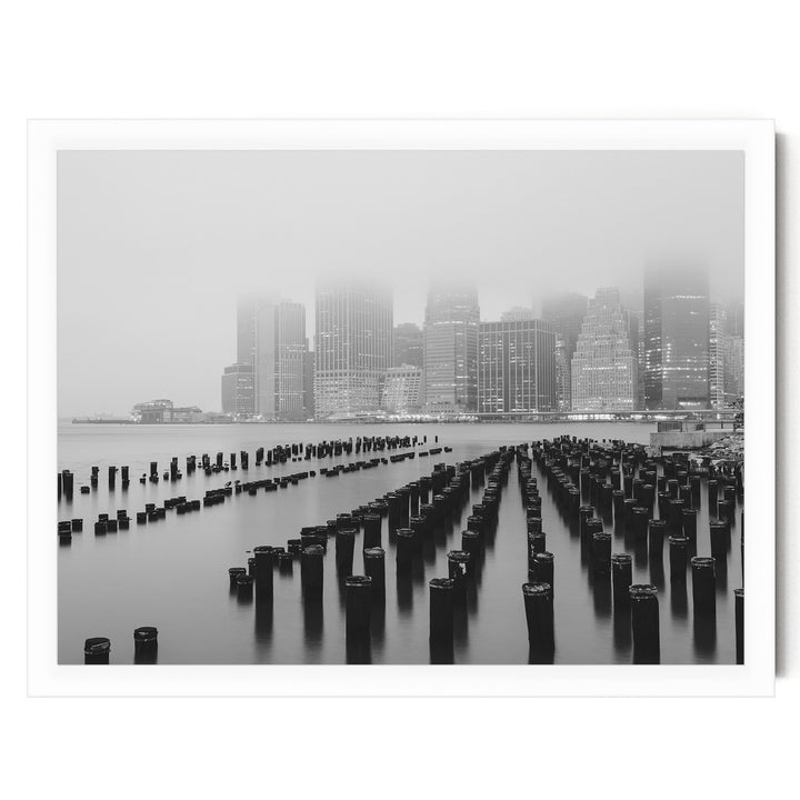 Foggy Manhattan Skyline, New York City – B&amp;W print in a white frame without mat