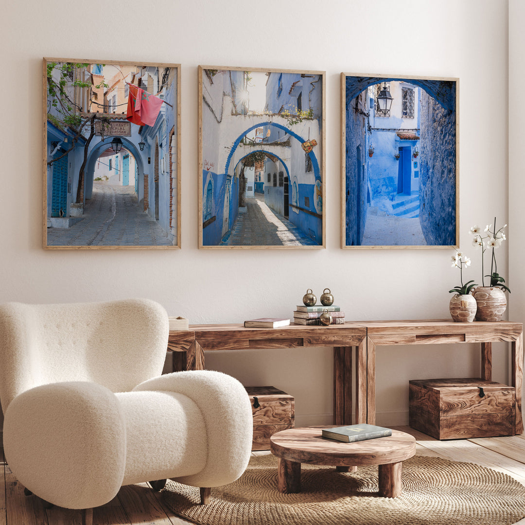 Blue City of Chefchaouen, Morocco print set of 3 framed in a styled interior