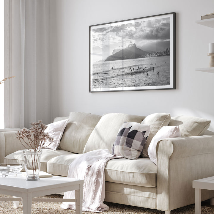 Sunlight over Ipanema, Rio de Janeiro, Brazil – B&amp;W framed wall art in a home interior