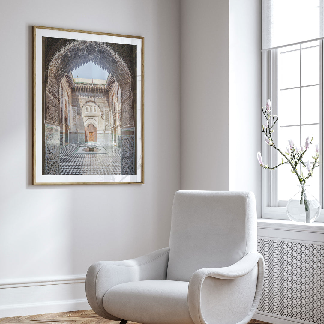 Ornate Madrasa Archway, Fes, Morocco framed wall art in a cozy interior