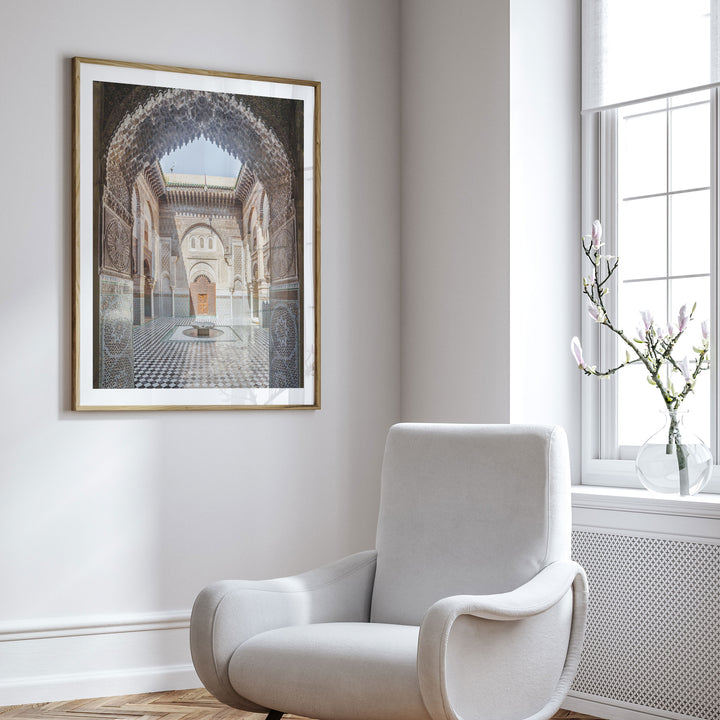 Ornate Madrasa Archway, Fes, Morocco framed wall art in a cozy interior