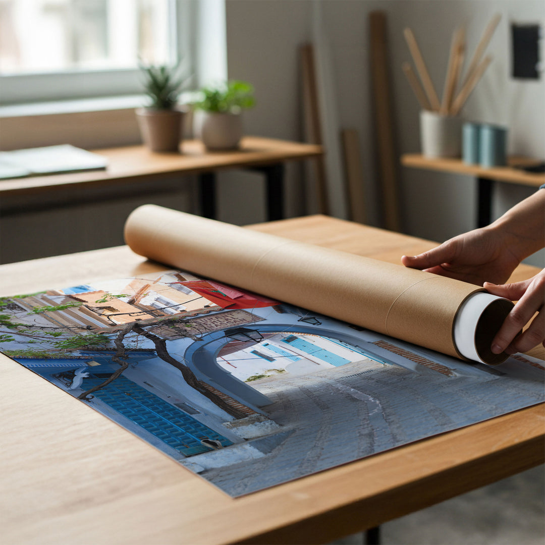 Moroccan Flag in the Blue City, Chefchaouen rolled poster print mockup