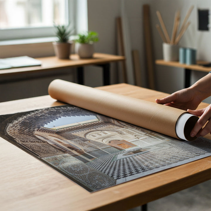 Ornate Madrasa Archway, Fes, Morocco rolled poster print mockup