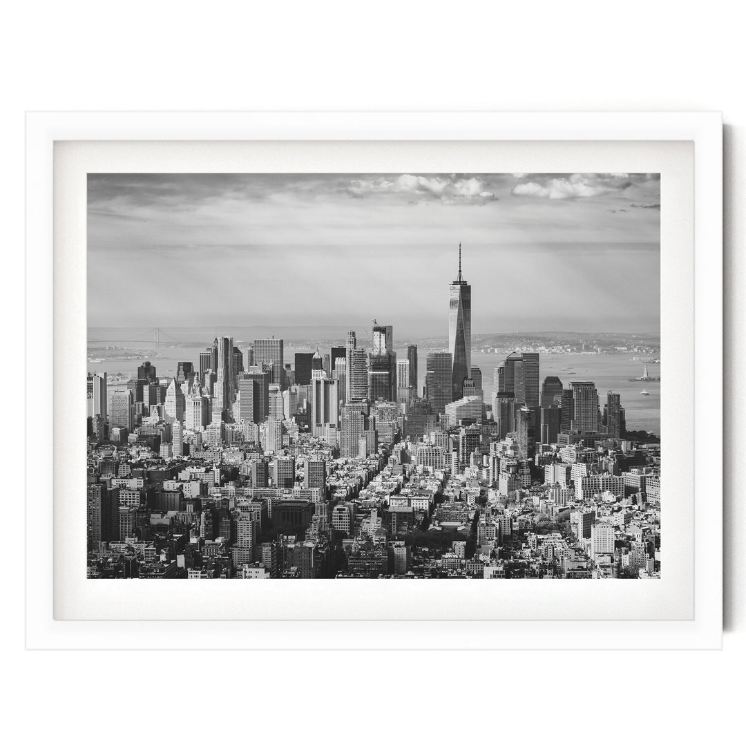 Manhattan Skyline from Above, New York City – B&amp;W print in a white frame with white mat