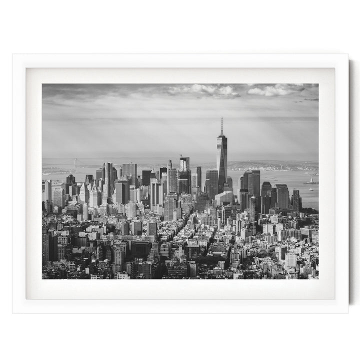 Manhattan Skyline from Above, New York City – B&amp;W print in a white frame with white mat