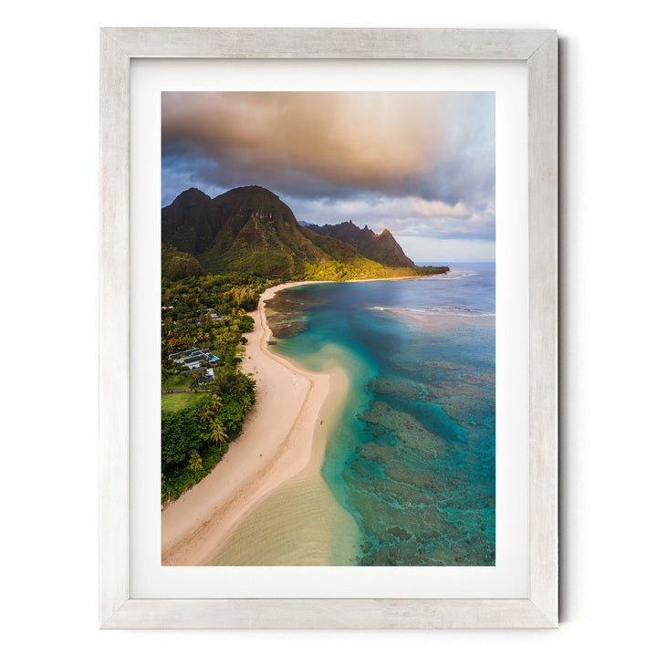 Tunnels Beach I, Kauai, Hawaii print in a silver frame with white mat