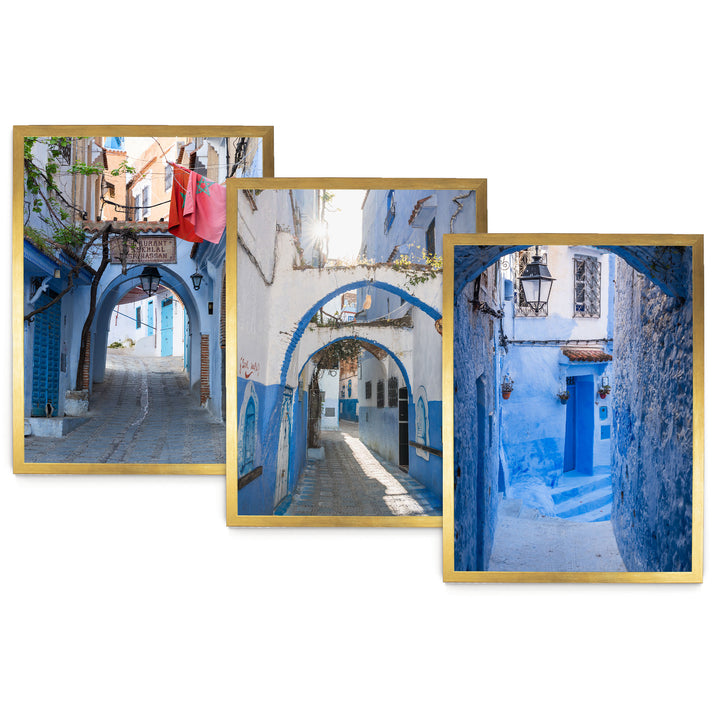 Blue City of Chefchaouen, Morocco print set of 3 in gold frames without mat