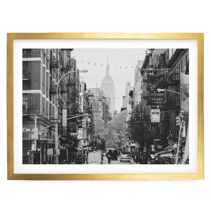 Little Italy and Empire State Building, New York City – B&amp;W print in a gold frame with white mat