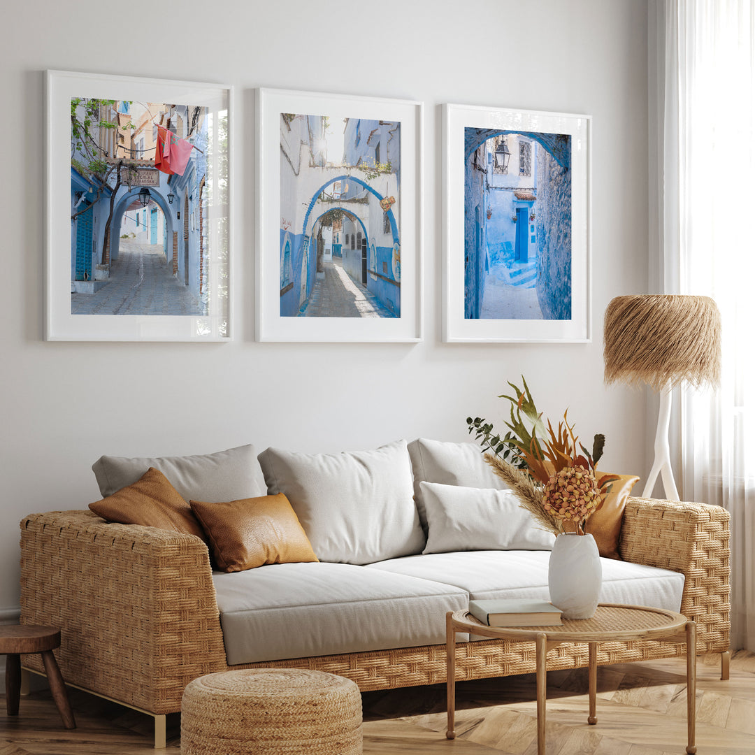 Blue City of Chefchaouen, Morocco print set of 3 framed prints displayed in a room setting