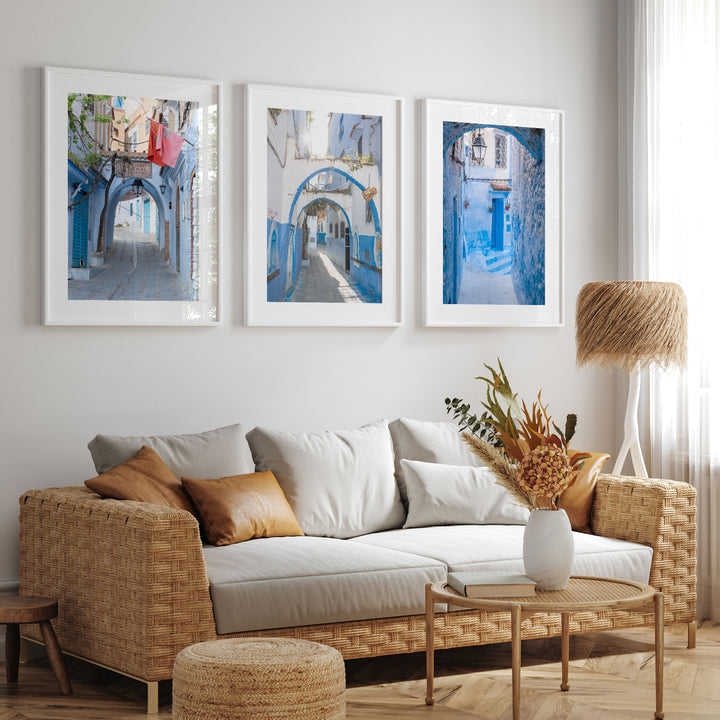 Blue City of Chefchaouen, Morocco print set of 3 framed prints displayed in a room setting