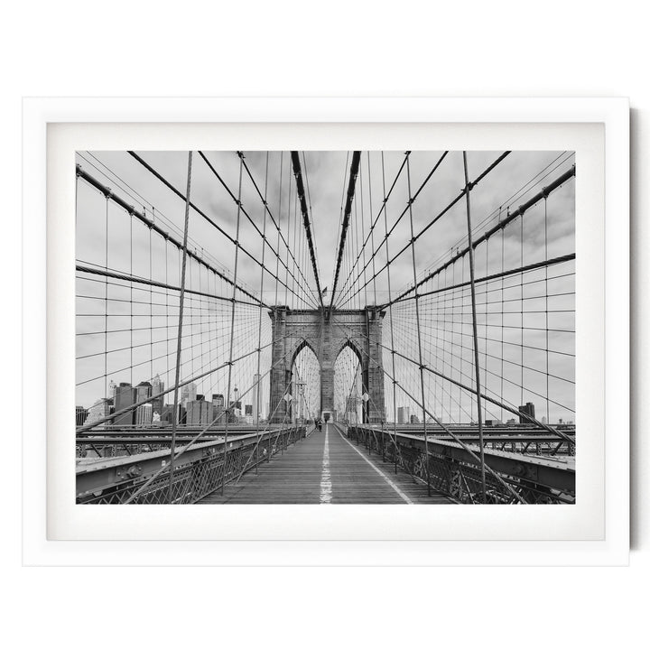 Brooklyn Bridge Walkway, New York City – B&amp;W print in a white frame with white mat