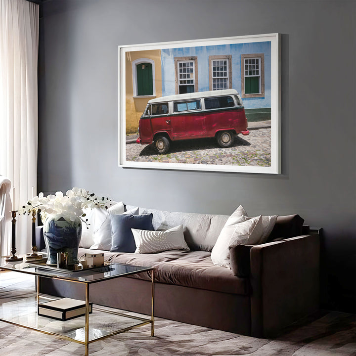 Red Kombi Van, Pelourinho, Salvador, Brazil print displayed in a bedroom setting