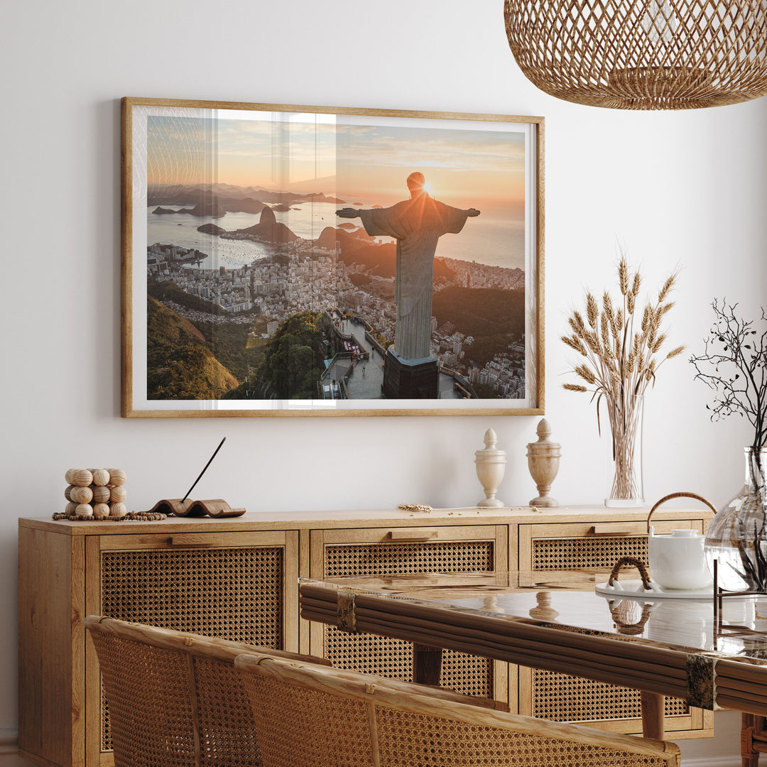 Christ the Redeemer at Sunrise, Rio de Janeiro, Brazil framed print hanging in a styled interior