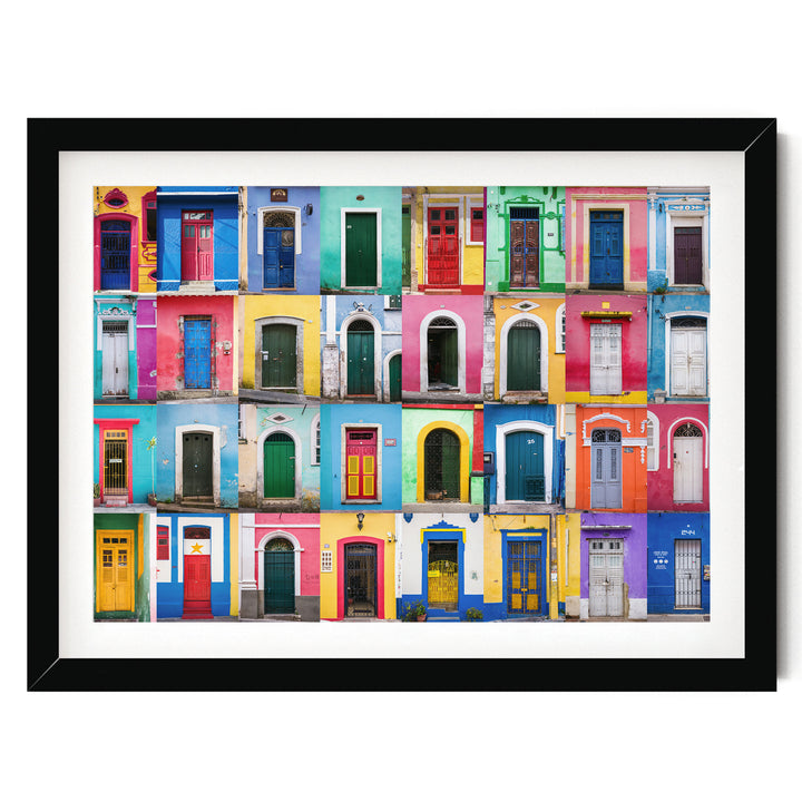 Colorful Doors of Brazil II print in a black frame with white mat