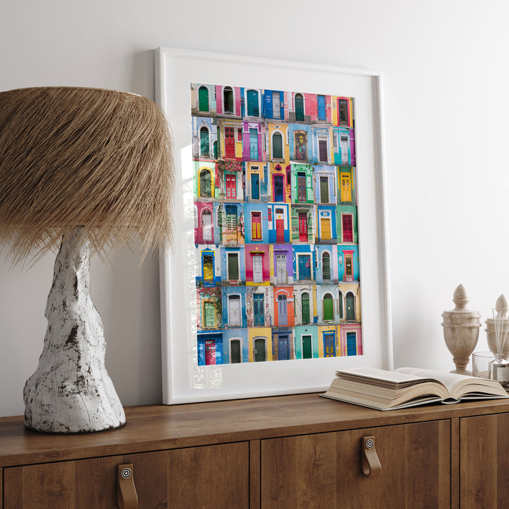 Colorful Doors of Brazil III print displayed in a bedroom setting