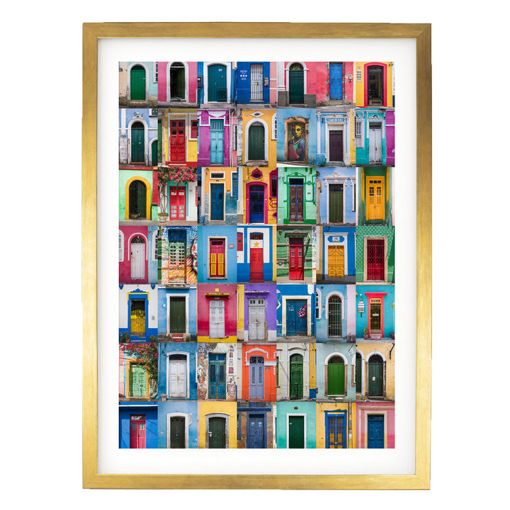 Colorful Doors of Brazil III print in a gold frame with white mat