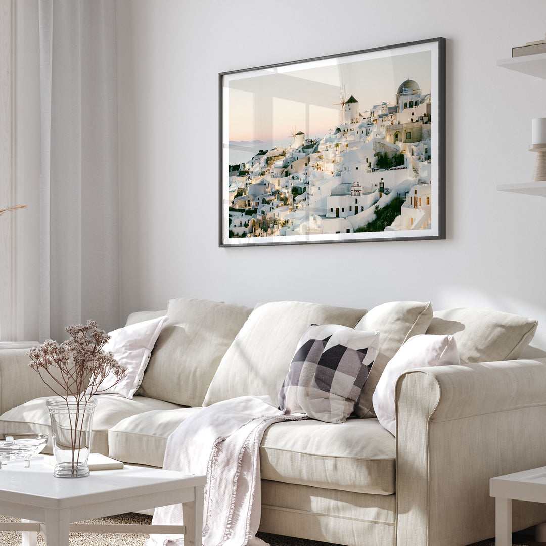 Sunset in Oia IV, Santorini, Greece framed print in a living room setting