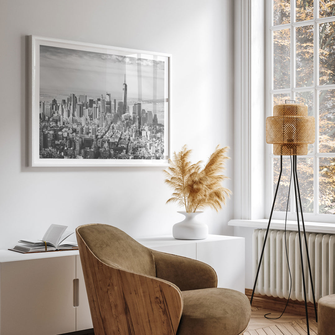 Manhattan Skyline from Above, New York City – B&amp;W wall art displayed in a room setting