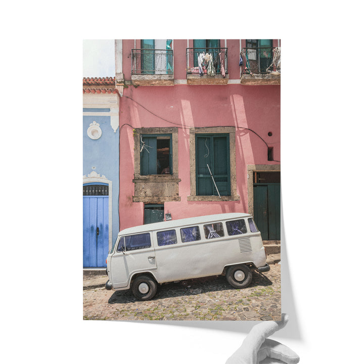 White Kombi Van, Pelourinho, Salvador, Brazil unframed print on matte fine art paper