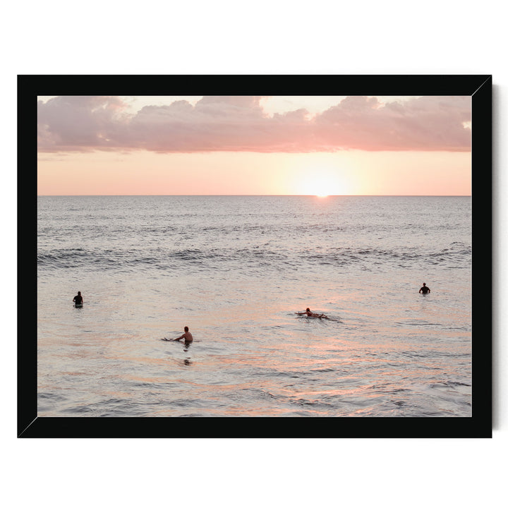 Surfers Waiting at Sunset, Costa Rica print in a black frame without mat