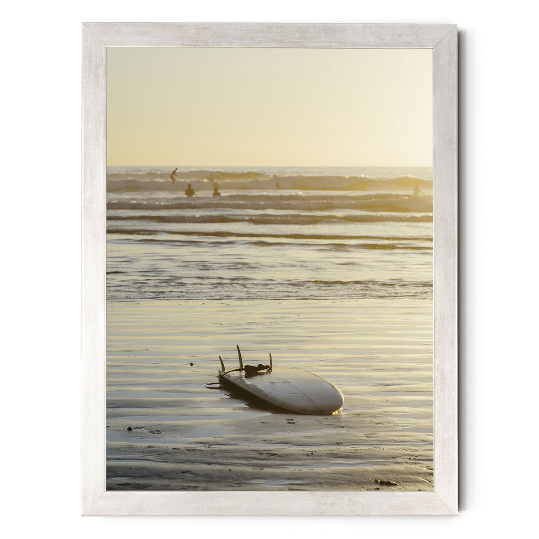 Surfboard at Sunset, Costa Rica print in a silver frame without mat