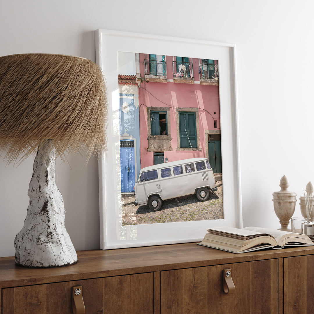 White Kombi Van, Pelourinho, Salvador, Brazil print displayed in a bedroom setting