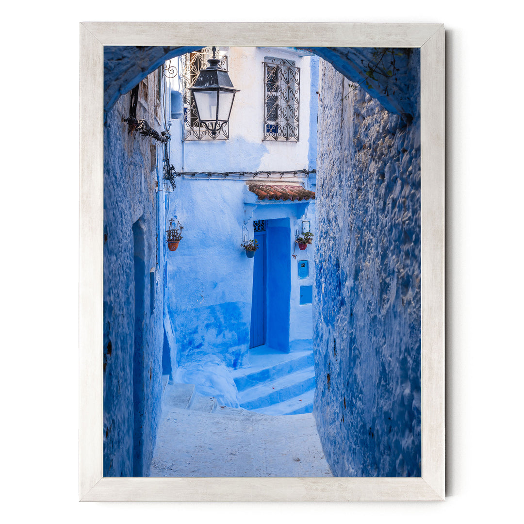 Blue Alley with Lantern, Chefchaouen, Morocco print in a silver frame without mat