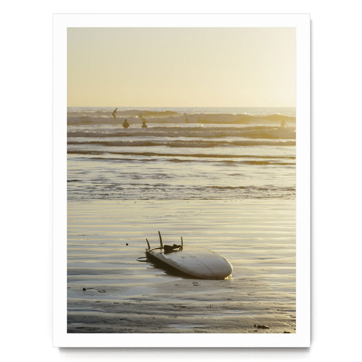 Surfboard at Sunset, Costa Rica print in a white frame without mat