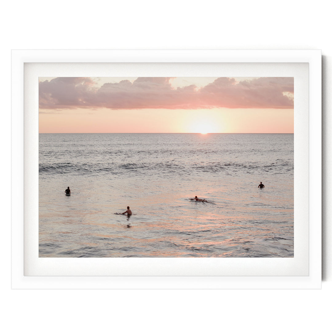 Surfers Waiting at Sunset, Costa Rica print in a white frame with white mat