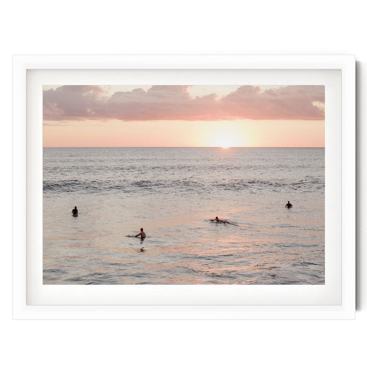 Surfers Waiting at Sunset, Costa Rica print in a white frame with white mat