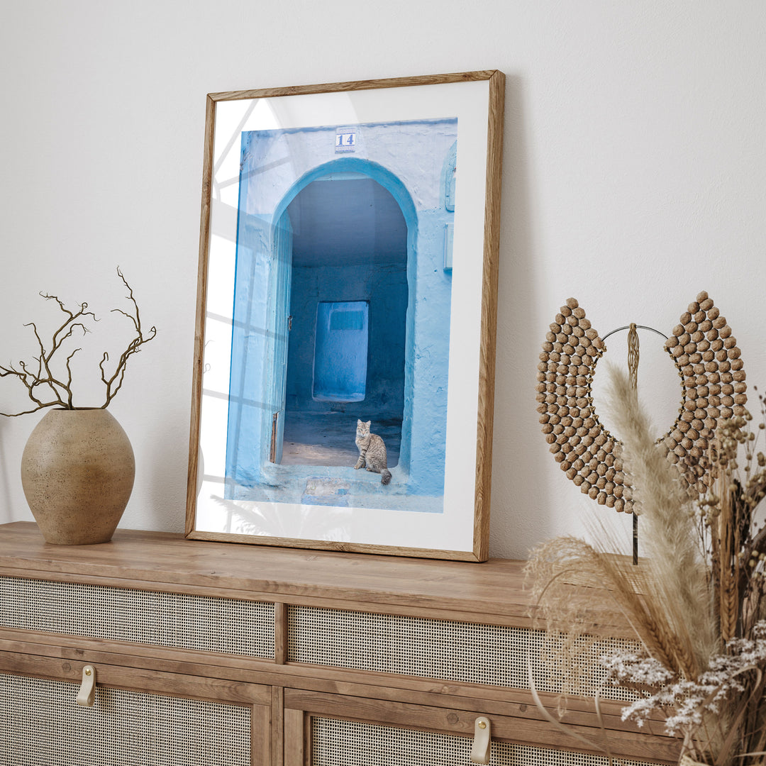 Cat in the Blue Doorway, Chefchaouen, Morocco framed print styled on the wall