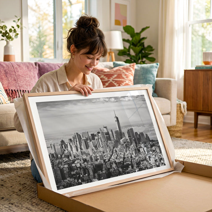 Manhattan Skyline from Above, New York City – B&amp;W framed photography print in a lifestyle setting