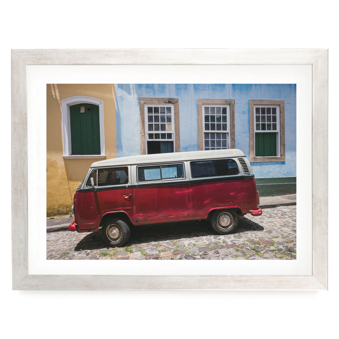 Red Kombi Van, Pelourinho, Salvador, Brazil print in a silver frame with white mat