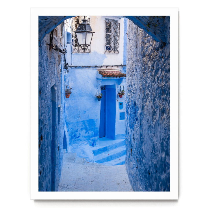 Blue Alley with Lantern, Chefchaouen, Morocco print in a white frame without mat
