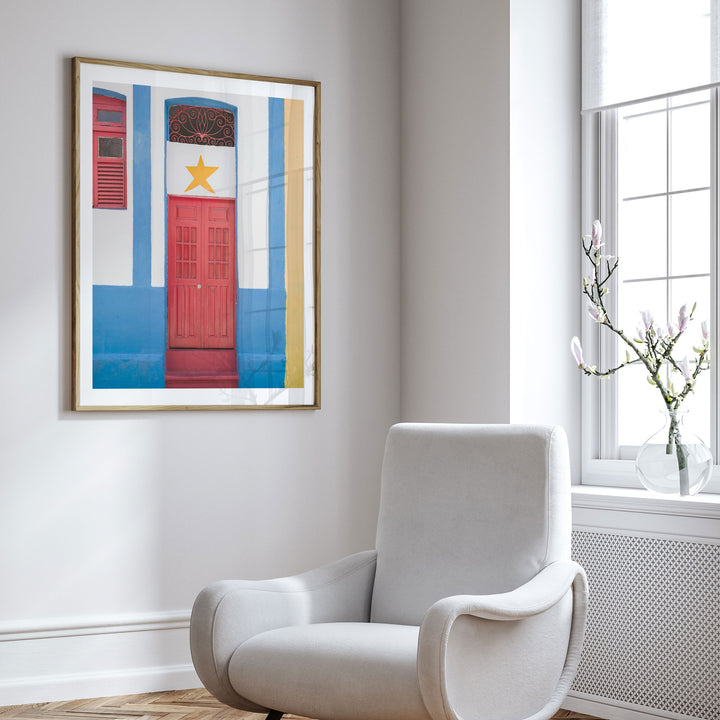 Red Door with Yellow Star, Olinda, Brazil framed wall art in a cozy interior