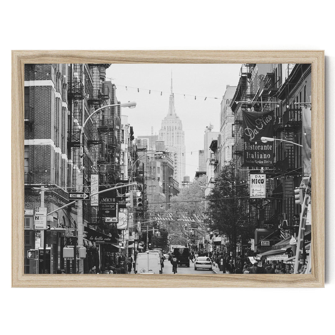 Little Italy and Empire State Building, New York City – B&amp;W print in a natural wood frame without mat