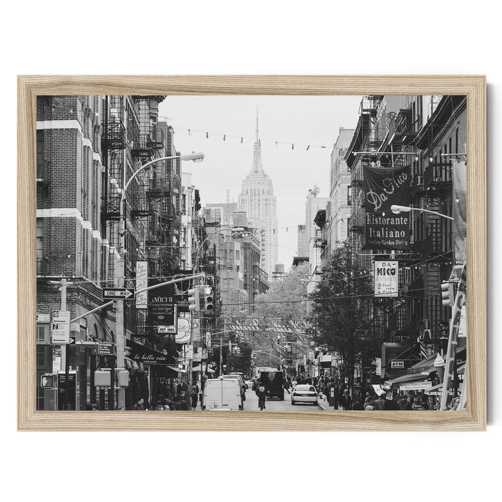 Little Italy and Empire State Building, New York City – B&amp;W print in a natural wood frame without mat