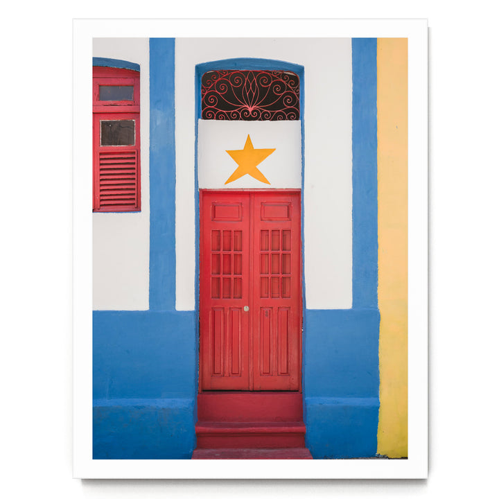 Red Door with Yellow Star, Olinda, Brazil print in a white frame without mat