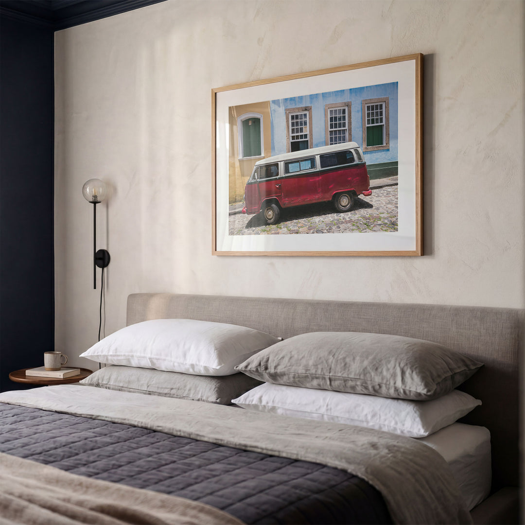 Red Kombi Van, Pelourinho, Salvador, Brazil framed print styled on the wall