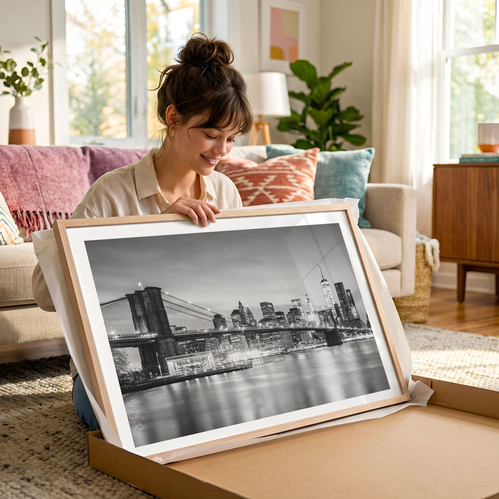 Brooklyn Bridge and Skyline at Dusk, New York City – B&W framed photography print in a lifestyle setting